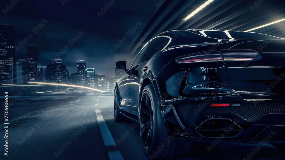 Luxury sports car in motion on a city road with city lights blurred in motion, racing sports car on a city highway at night, rear view