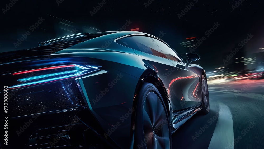 Fototapeta premium Luxury sports car in motion on a city road with city lights blurred in motion, racing sports car on a city highway at night, rear view