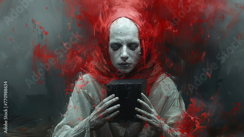 a mime holding an black cube, in a surreal atmospheric environment, digital painting, fantasy,generative ai