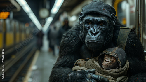 A homeless gorilla holding a baby wrapped in cloth sitting a train station,generative ai