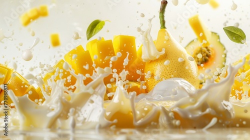Mango splashes with milk and passion fruit, white background