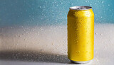 Yellow aluminum can with condensation drops. Beer or soda drink package.