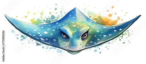 Illustration of a cute little stingray cartoon animal swimming in the sea on a white background