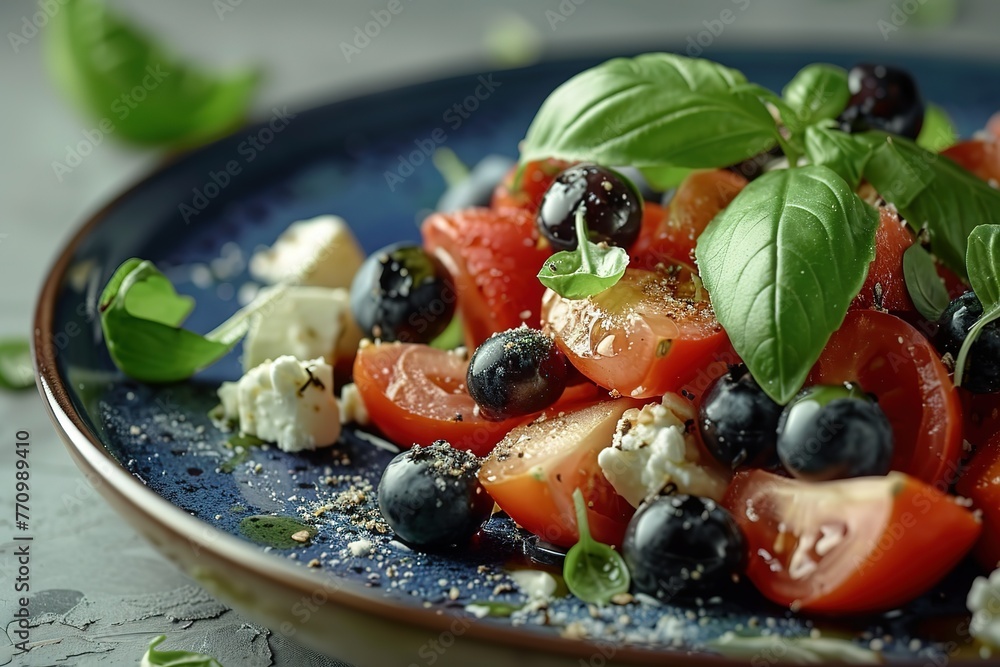 A blue plate with a salad of tomatoes, blueberries, and basil