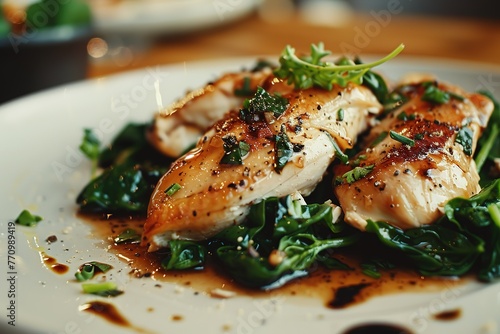 a plate that contains chicken, spinach and greens