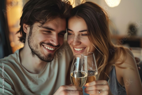 A man and woman are holding wine glasses and smiling at the camera
