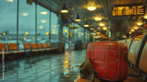 A red suitcase sits on a bench in a busy airport terminal © Elena