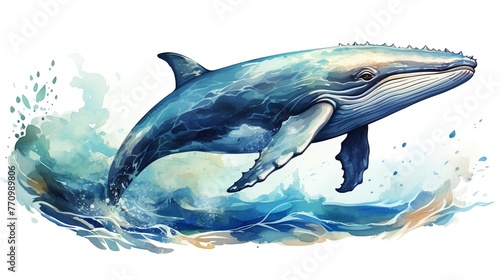 blue whale vector illustration with subtle watercolor splashes on a white background.
