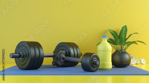 A vibrant 3D rendering of a fitness setup, featuring an exercise mat, weights, and a water bottle