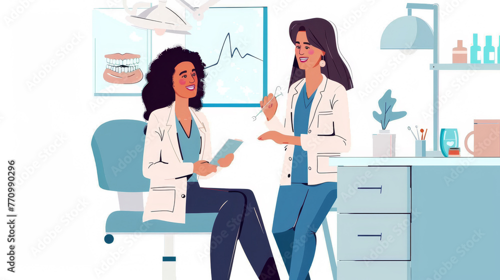 Two women in white lab coats are sitting at a desk Two women in white lab coats are sitting at a desk