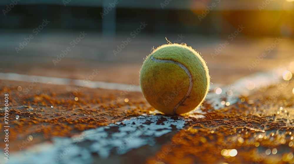 A vibrant tennis ball rests on the sunlit surface of a tennis court