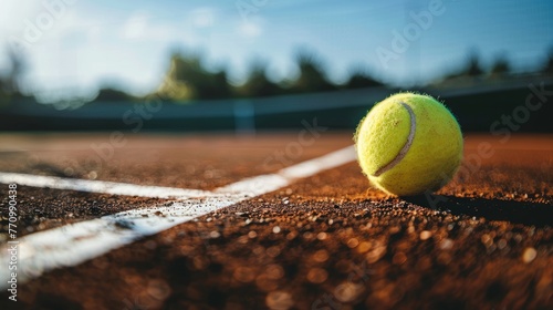 A vibrant tennis ball rests on the sunlit surface of a tennis court