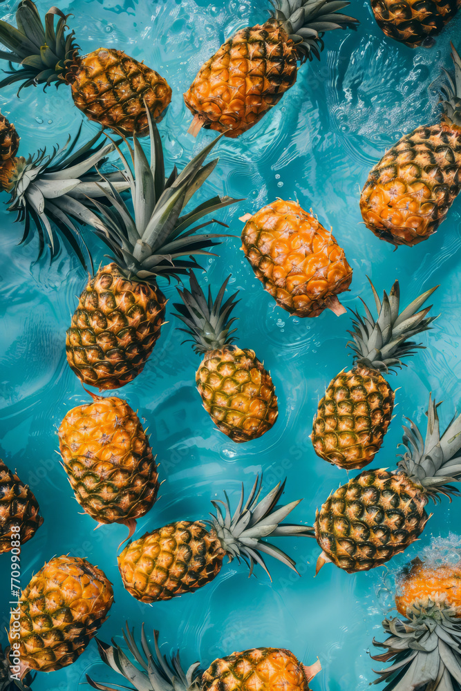 Overhead view of pineapple fruit floating in a summer swimming pool Overhead view of pineapple fruit floating in a summer swimming pool