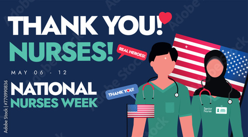 National Nurses Week. Thank You Nurses Appreciating cover banner, social media post to celebrate nurses day, week with American flag, a male and a female nurses in uniform, plain blue background.