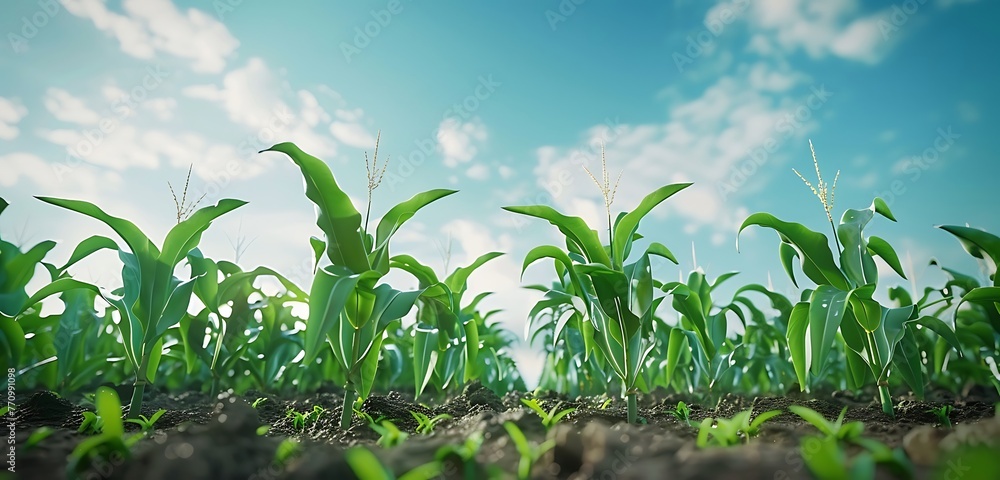 A Beautiful growing full capture of a green corn field at a sunny day, agricultural landscape, cornfield. Generative AI