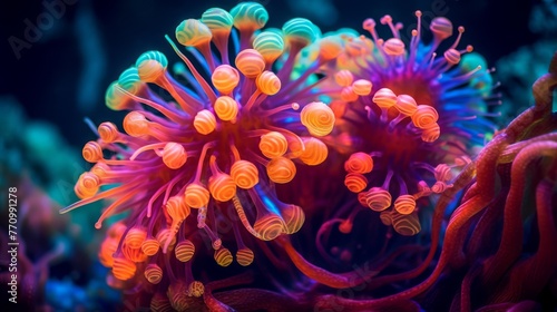 Macro shot on coral polyps. Neon corals  macro shot of ocean world  background  underwater world