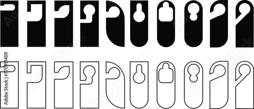 Hotel door hanger tags outline template icon signs set flat style design line vector collections. Empty door flyer or do not disturb mock up isolated on transparent background. Paper Door Handle Lock.