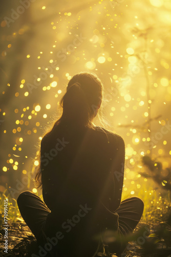 Silhouette of a person meditating in a field with glowing bokeh lights. Serenity and meditation concept design for wellness, yoga, and mindfulness poster. Backlit photography with golden hour light
