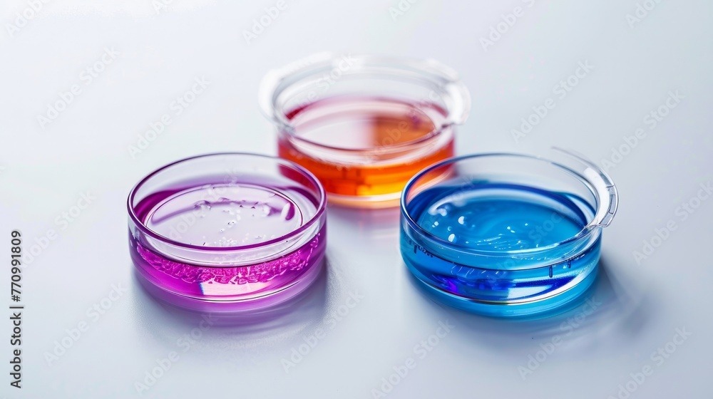 A set of Petri dishes containing liquids A set of Petri dishes containing liquids