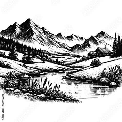 hand drawn Beautiful nature landscape drawing scenery black and white, vector line art style illustration