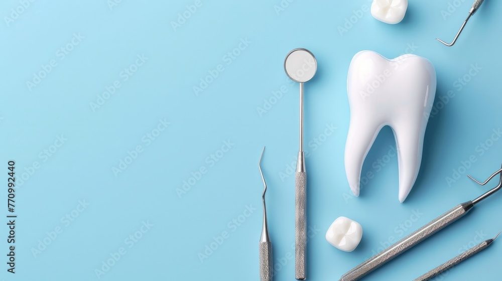 A pristine white tooth surrounded by an array of dental care tools A pristine white tooth surrounded by an array of dental care tools