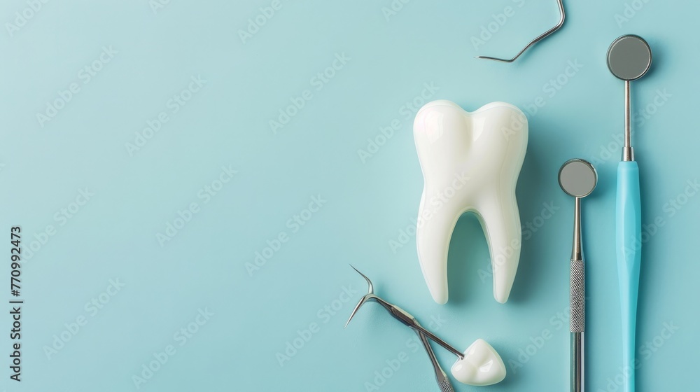 A pristine white tooth surrounded by an array of dental care tools A pristine white tooth surrounded by an array of dental care tools
