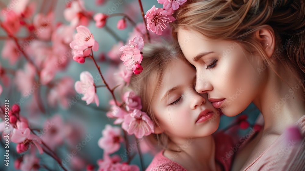Fundo fotográfico para o Dia das Mães, com mãe e filha em meio a flores ...