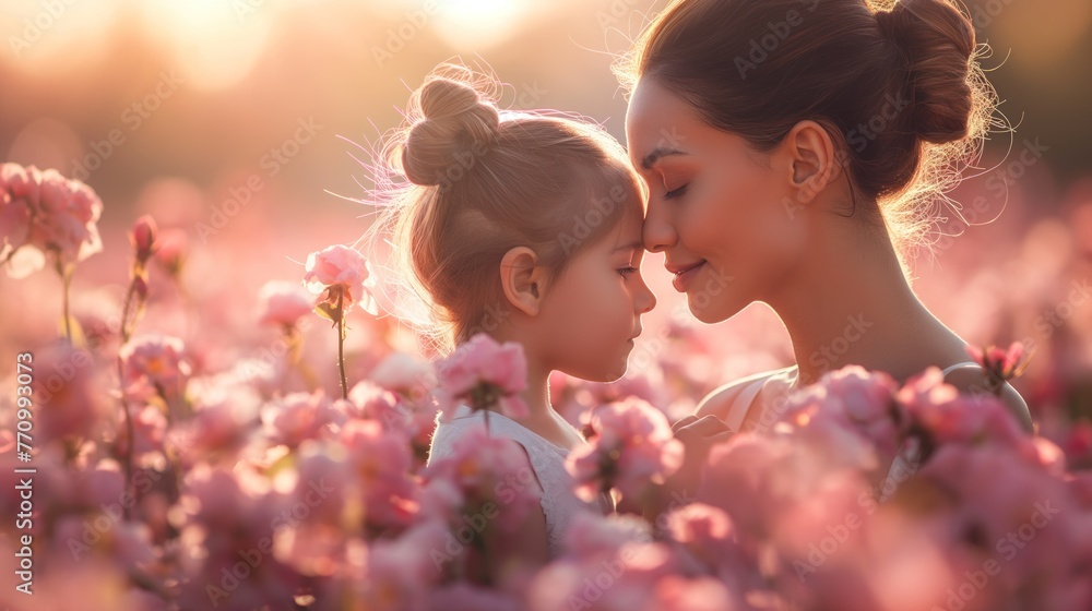Fundo fotográfico para o Dia das Mães, com mãe e filha em meio a flores. Representação: amor familiar, vínculo materno, beleza da natureza, celebração da primavera Fundo fotográfico para o Dia das Mães, com mãe e filha em meio a flores. Representação: amor familiar, vínculo materno, beleza da natureza, celebração da primavera