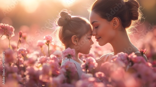 Fundo fotográfico para o Dia das Mães, com mãe e filha em meio a flores. Representação: amor familiar, vínculo materno, beleza da natureza, celebração da primavera photo
