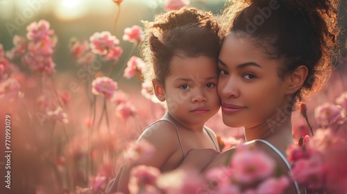 Fundo fotográfico para o Dia das Mães, com mãe negra e filha em meio a flores. Representação: amor familiar, vínculo materno, beleza da natureza, celebração da primavera
