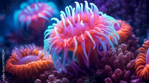 Macro shot on coral polyps. Neon corals  macro shot of ocean world  background  underwater world