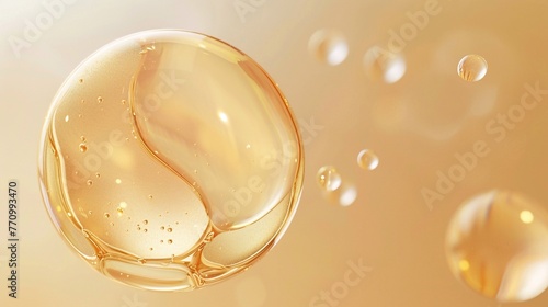 Golden oil bubble with photorealistic details and a glossy finish on background soft gradient of light beige tones