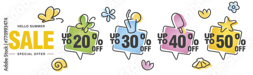 Summer Sale special offer 20 30 40 50 percent off colorful ice cream cocktail starfish shell flowers and butterflies discount numbers speech bubble stickers white background