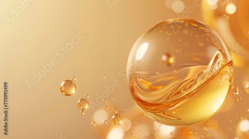 Golden oil bubble with photorealistic details and a glossy finish on background soft gradient of light beige tones