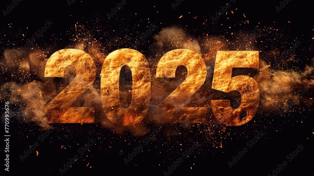 Numbers 2025. Gold powder explosion number isolated on dark background ...