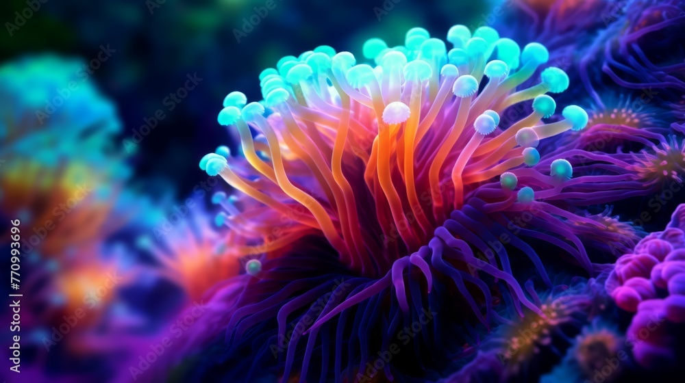 Macro shot on coral polyps. Neon corals, macro shot of ocean world, background, underwater world Macro shot on coral polyps. Neon corals, macro shot of ocean world, background, underwater world