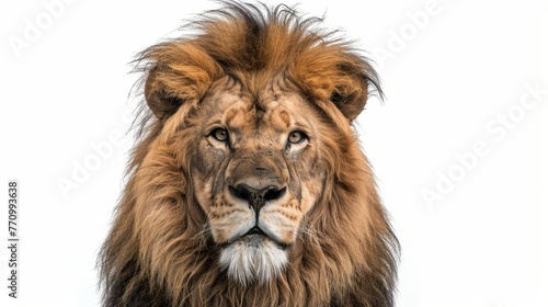 White background with a portrait of an adult male lion looking at the camera, Panthera leo