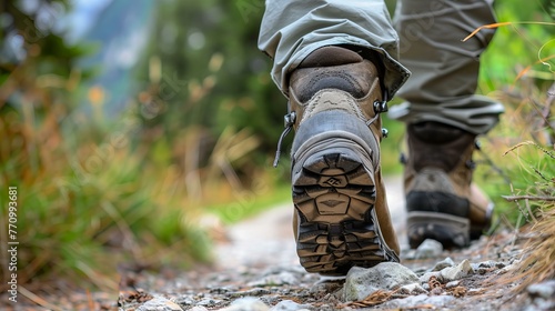 hiking boots worn by outdoors hiker standing on rock closeup with forest view in background