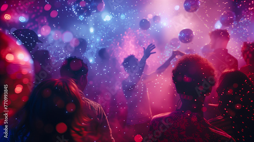 Colorful Nebula as a Backdrop for a Festive Party Scene