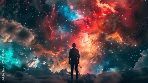 Person Silhouetted Against a Cosmic Cloudscape