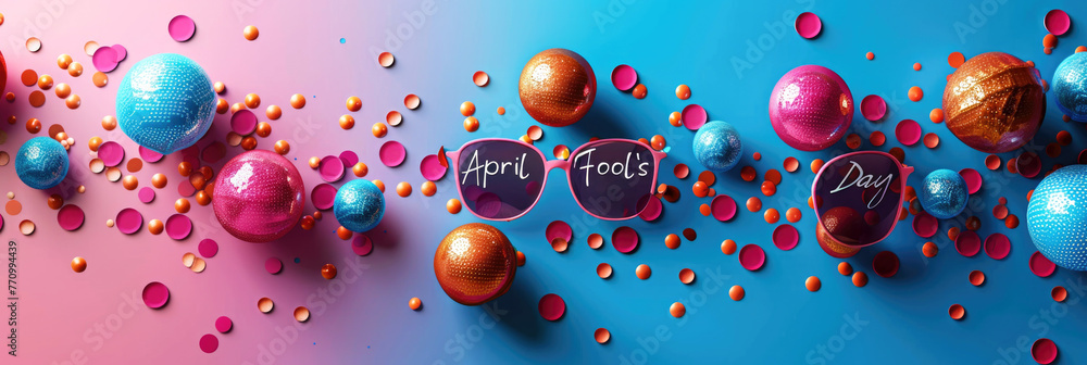 Abstract cheerful banner in the concept of April Fool's Day or April Fool's Day. Levitating bright balls. - obrazy, fototapety, plakaty 
