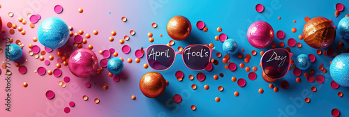 Abstract cheerful banner in the concept of April Fool's Day or April Fool's Day. Levitating bright balls.