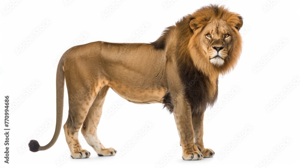 An 8-year-old Panthera leo standing against a white background