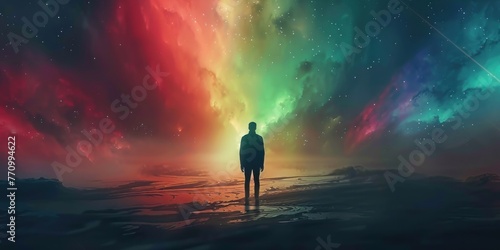 Silhouette of a person standing before a colorful aurora-like skyscape. of human emotion as colorful auroras emanating from a silhouetted figure © evgenia_lo