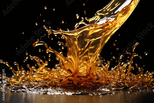 A splash of yellow liquid on black background. Honey, caramel or oil is splashing on wet surface.