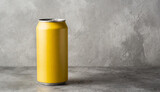 Yellow aluminum can. Beer or soda drink package. Liquid in metallic container. Refreshing beverage.
