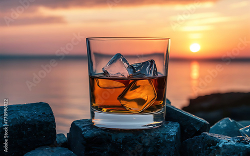 Glass of whiskey with ice on the rocks near the sea selective focus