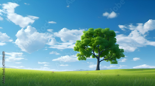Green tree on a green meadow with blue sky and white clouds