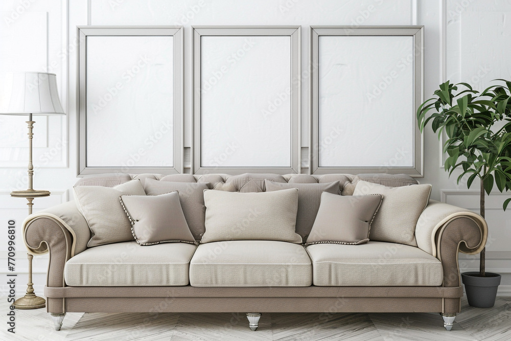 A chic living room with a beige and taupe sofa, accompanied by blank white frames for art. A chic living room with a beige and taupe sofa, accompanied by blank white frames for art.