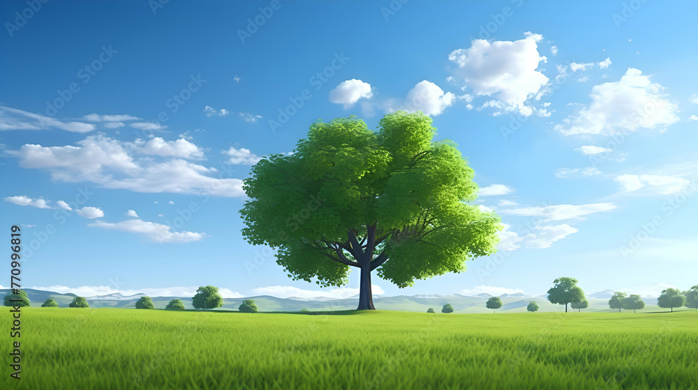 Obraz premium Green tree on the meadow and blue sky. 3d render